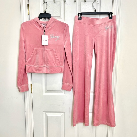 Juicy Couture Rose Bling Velour Tracksuit Hoodie & Pants Rhinestone NWT Size S - Picture 2 of 9